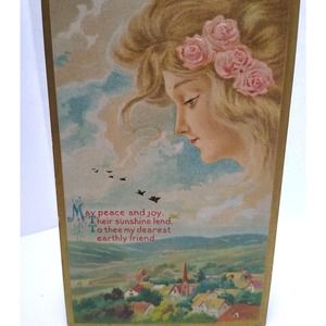 Fantasy Postcard Giant Blonde Goddess In Clouds Looks Down On Village CC No57